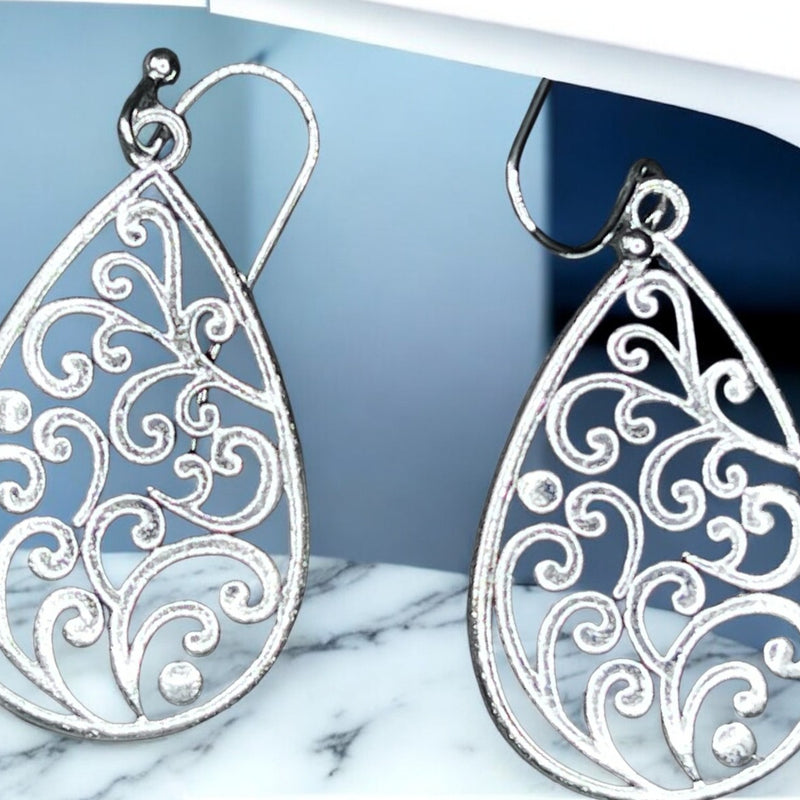 Silver Filigree Teardrop Earrings 2in | Lightweight Dangle Hook Earrings