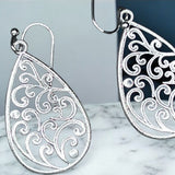 Silver Filigree Teardrop Earrings 2in | Lightweight Dangle Hook Earrings
