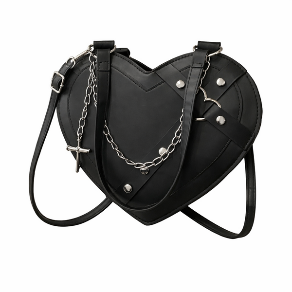 Punk Heart-Shaped Crossbody Bag with Chain – Studded Faux Leather Shoulder Purse