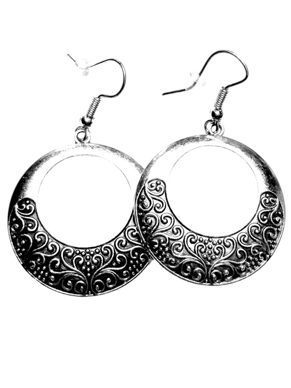 Silver Filigree Hoop Earrings Boho Vintage Dangle Round Statement Jewelry