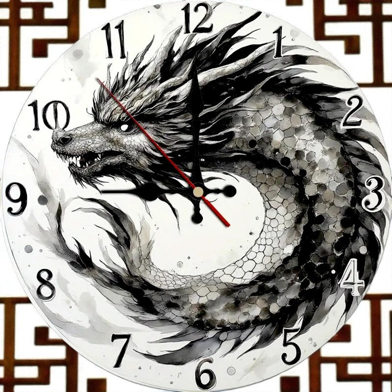 Asian Dragon Wall Clock 10” Silent Quartz Minimalist Home Office Gothic Decor