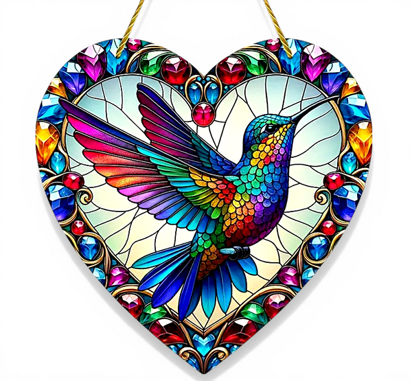 Hummingbird Heart Suncatcher 8” Faux Stained Glass Window Hanging Gift Decor