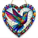 Hummingbird Heart Suncatcher 8” Faux Stained Glass Window Hanging Gift Decor