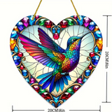 Hummingbird Heart Suncatcher 8” Faux Stained Glass Window Hanging Gift Decor