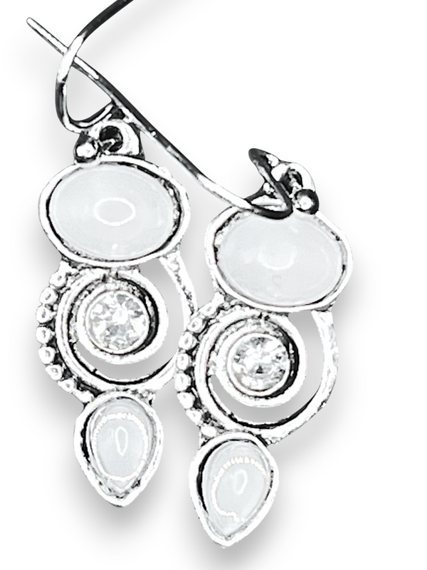 Sterling Silver Swirl Dangle Earrings White Cabochon & Crystal Drop 1”