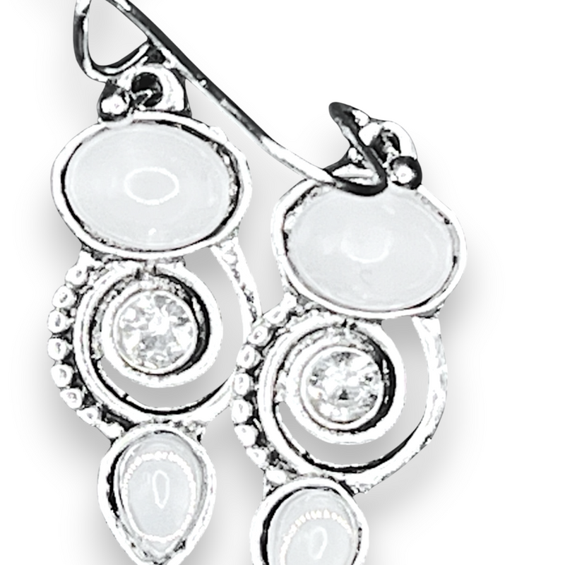 Sterling Silver Swirl Dangle Earrings White Cabochon & Crystal Drop 1”