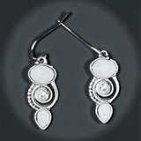 Sterling Silver Swirl Dangle Earrings White Cabochon & Crystal Drop 1”