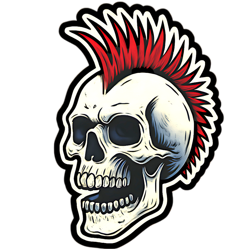 Red Mohawk Skull Sticker 4in | Punk Skull BOPP Vinyl | Gothic Decal
