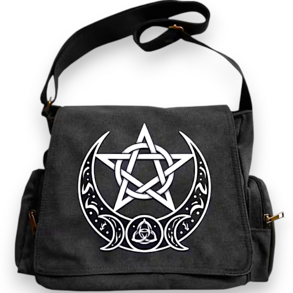 Wiccan Pentagram Triple Moon Triquetra Canvas Messenger Bag Black Crossbody NEW