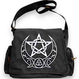Wiccan Pentagram Triple Moon Triquetra Canvas Messenger Bag Black Crossbody NEW