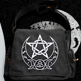 Wiccan Pentagram Triple Moon Triquetra Canvas Messenger Bag Black Crossbody NEW