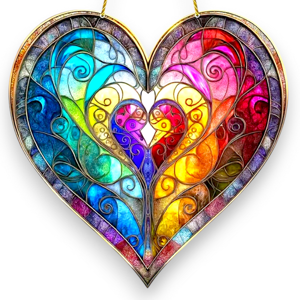 8 Inch Rainbow Heart Suncatcher Faux Stained Glass Acrylic Window Decor