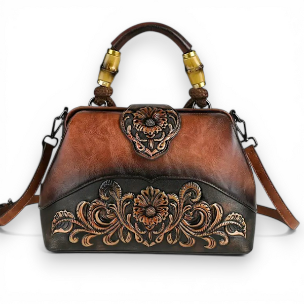 Brown Floral Embossed Leather Retro Shoulder Bag Vintage Women Handbag