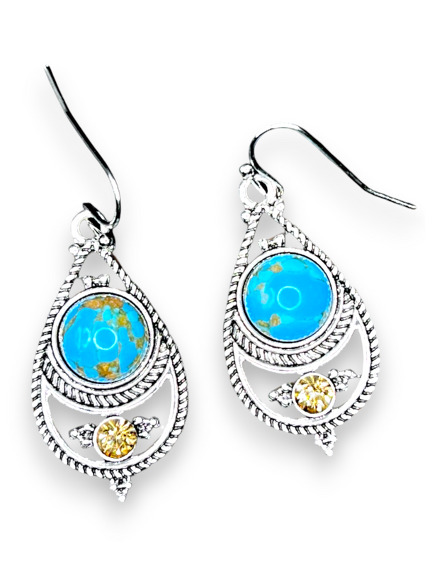 Blue Glass Dangle Earrings Teardrop Bead Silver Tone Boho 1.5 Inch Drop
