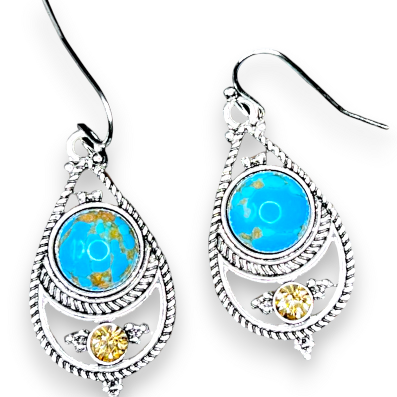 Blue Glass Dangle Earrings Teardrop Bead Silver Tone Boho 1.5 Inch Drop