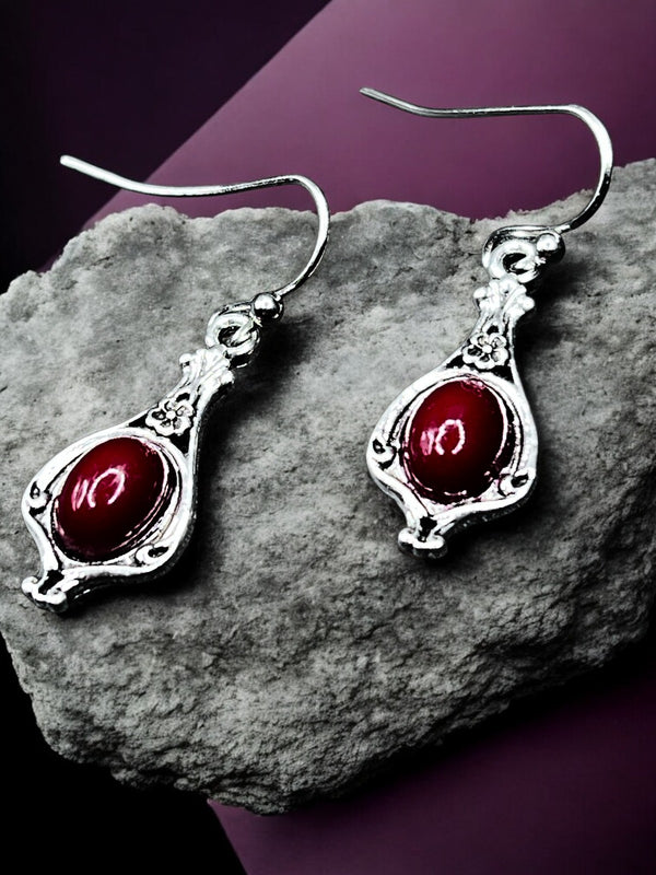 Red Stone Dangle Earrings 1in | Silver Tone Teardrop Hook Earrings