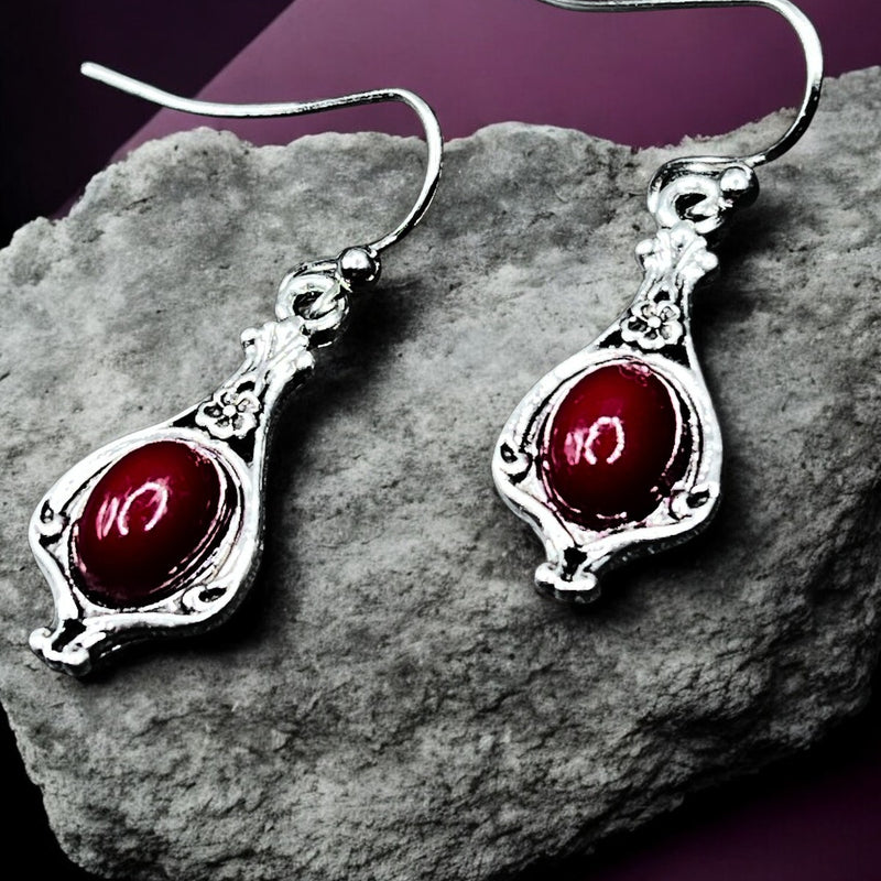 Red Stone Dangle Earrings 1in | Silver Tone Teardrop Hook Earrings