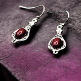 Red Stone Dangle Earrings 1in | Silver Tone Teardrop Hook Earrings
