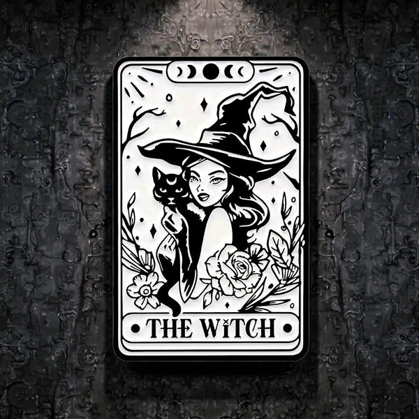Gothic Witch Tarot Enamel Pin | 1.57" Black Cat Floral Occult Wicca Badge