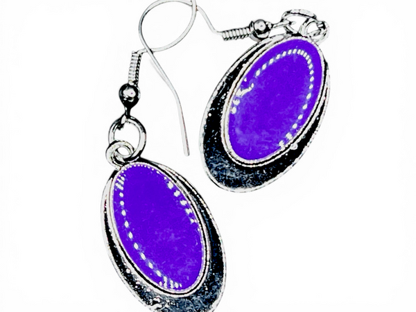 Purple Glass Bead Oval Dangle Earrings Silver Tone 1" Boho Minimalist