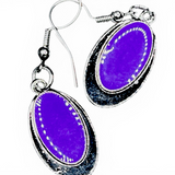 Purple Glass Bead Oval Dangle Earrings Silver Tone 1" Boho Minimalist