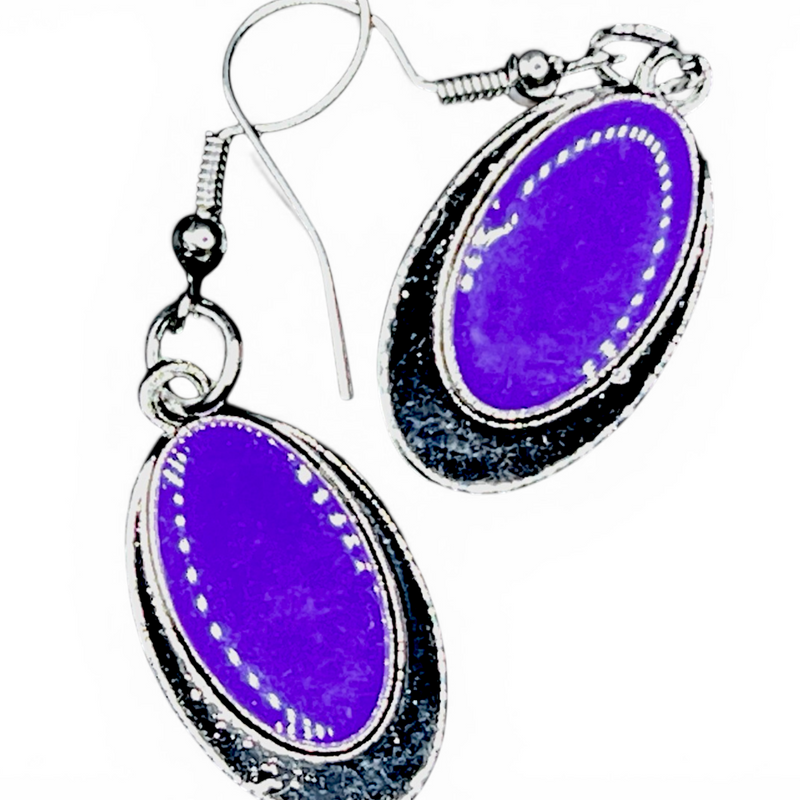 Purple Glass Bead Oval Dangle Earrings Silver Tone 1" Boho Minimalist
