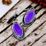 Purple Glass Bead Oval Dangle Earrings Silver Tone 1" Boho Minimalist