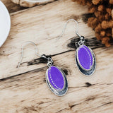 Purple Glass Bead Oval Dangle Earrings Silver Tone 1" Boho Minimalist