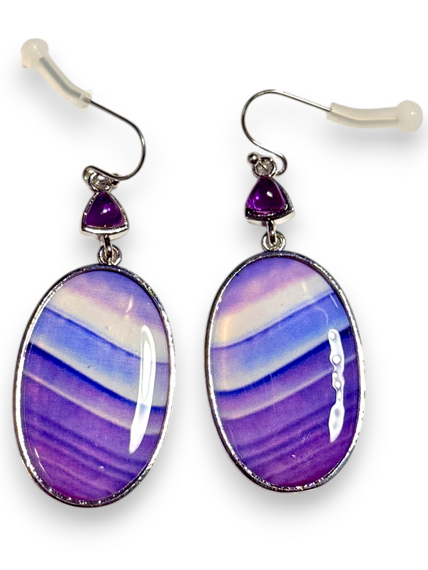 Purple Art Glass Dangle Earrings 2 Inch Silver Tone Boho Style Jewelry