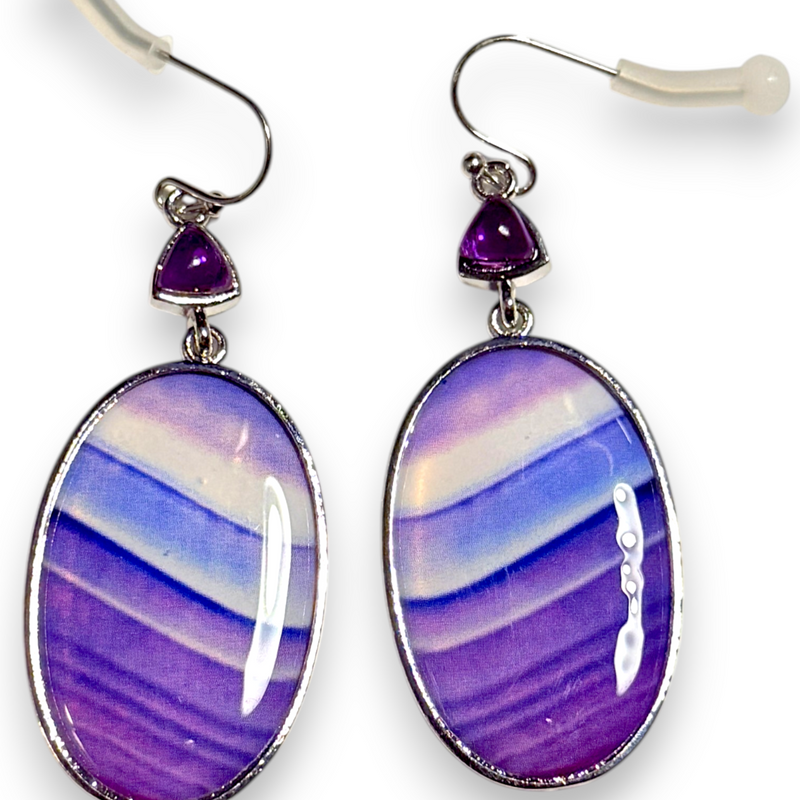 Purple Art Glass Dangle Earrings 2 Inch Silver Tone Boho Style Jewelry