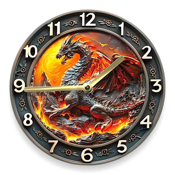 Volcanic Dragon Wall Clock 11.6” Silent Non-Tick Fantasy Home Decor