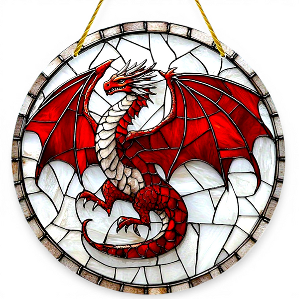 8" Red Dragon Suncatcher – 2D Flat Acrylic Window Hanging Stained Glass Decor