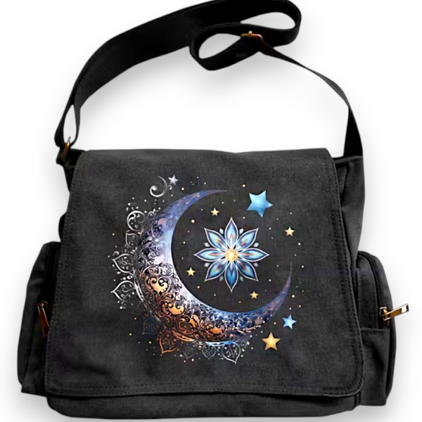Celestial Mandala Moon Star Canvas Messenger Bag Black Crossbody Satchel NEW
