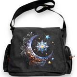 Celestial Mandala Moon Star Canvas Messenger Bag Black Crossbody Satchel NEW