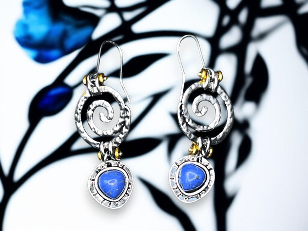 Blue Glass Spiral Dangle Earrings Silver Tone 1" Boho Swirl Design