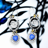 Blue Glass Spiral Dangle Earrings Silver Tone 1" Boho Swirl Design