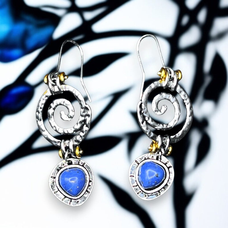 Blue Glass Spiral Dangle Earrings Silver Tone 1" Boho Swirl Design