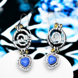 Blue Glass Spiral Dangle Earrings Silver Tone 1" Boho Swirl Design