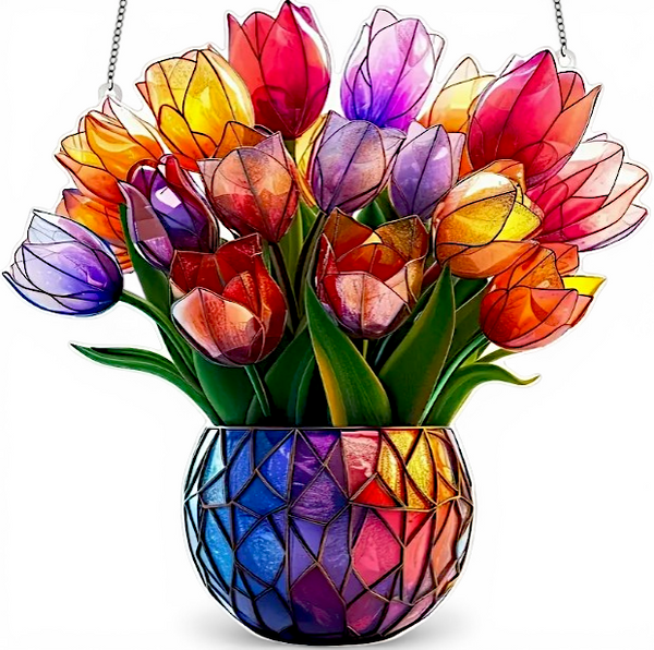 9" Tulip Bouquet Faux Stained Glass Suncatcher Floral Window Hanging