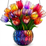 9" Tulip Bouquet Faux Stained Glass Suncatcher Floral Window Hanging