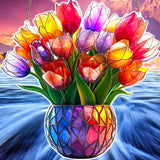 9" Tulip Bouquet Faux Stained Glass Suncatcher Floral Window Hanging