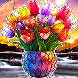 9" Tulip Bouquet Faux Stained Glass Suncatcher Floral Window Hanging
