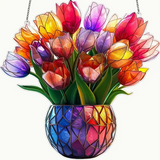 9" Tulip Bouquet Faux Stained Glass Suncatcher Floral Window Hanging