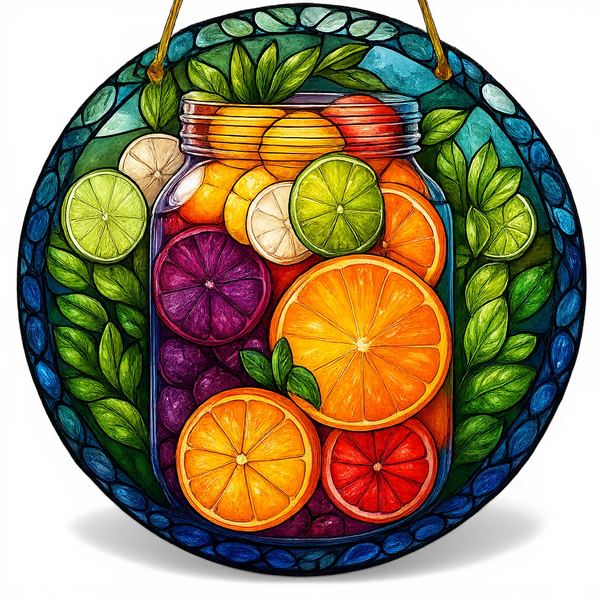 Citrus Fruit Suncatcher 8” Faux Stained Glass Window Hanging Kitchen Decor