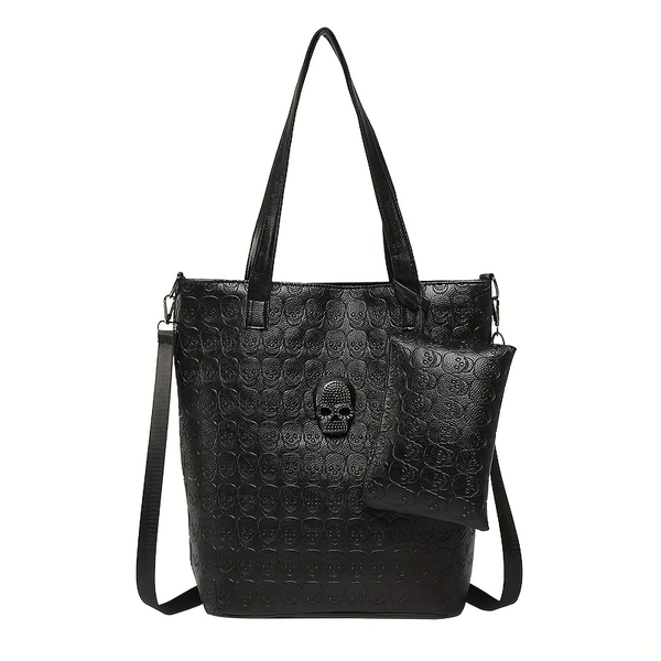 Gothic Skull Tote Bag Set Black Embossed Large Purse w/ Pouch Alt Punk