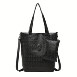 Gothic Skull Tote Bag Set Black Embossed Large Purse w/ Pouch Alt Punk