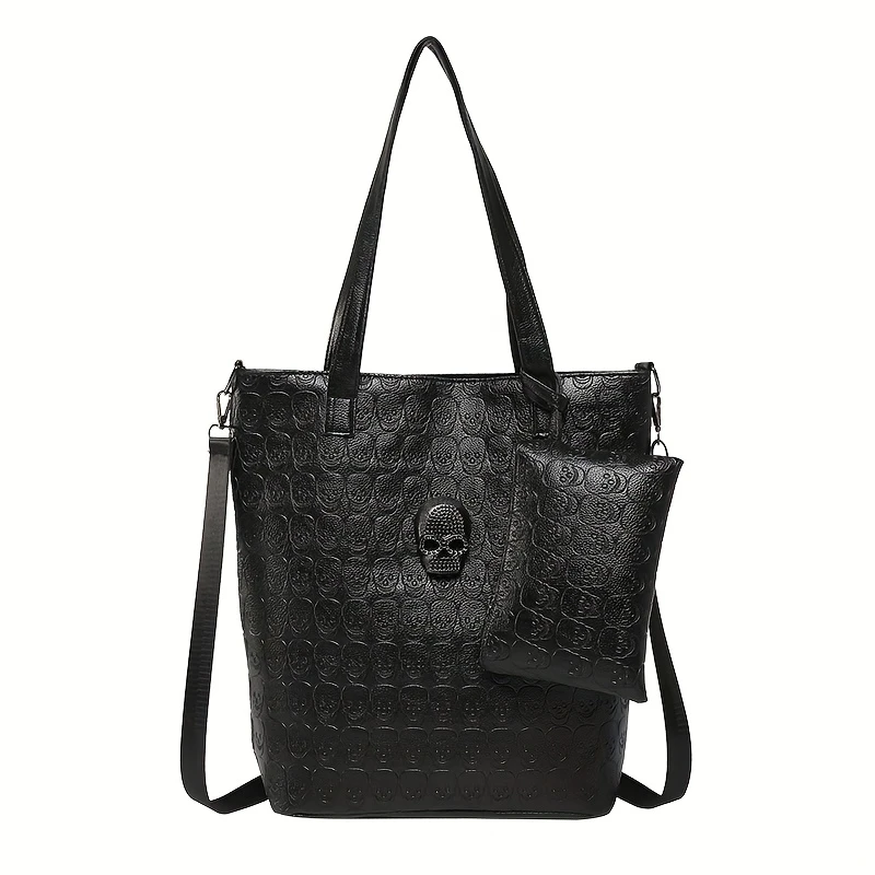 Gothic Skull Tote Bag Set Black Embossed Large Purse w/ Pouch Alt Punk