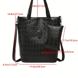 Gothic Skull Tote Bag Set Black Embossed Large Purse w/ Pouch Alt Punk