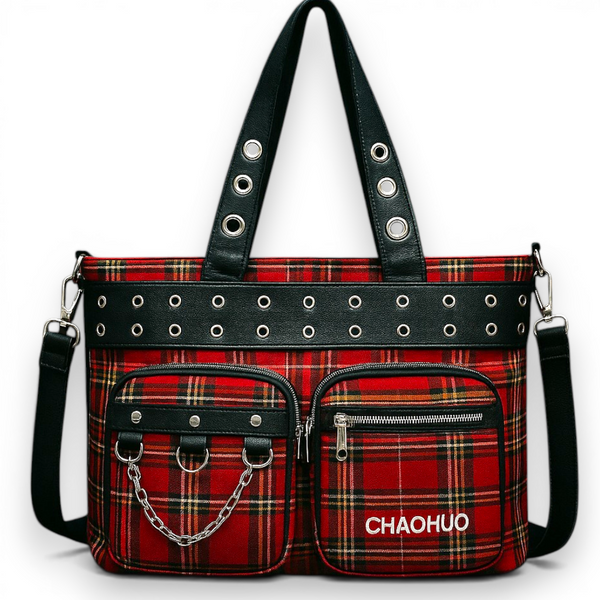 Punk Plaid Tote Bag with Chains & Grommets | Gothic Shoulder Handbag