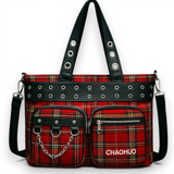 Punk Plaid Tote Bag with Chains & Grommets | Gothic Shoulder Handbag